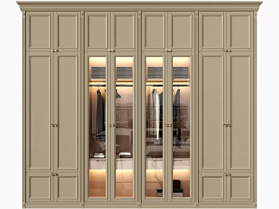 Elegant Modern Beige Wardrobe With Multiple Glass Doors And Interior Lighting 3d model