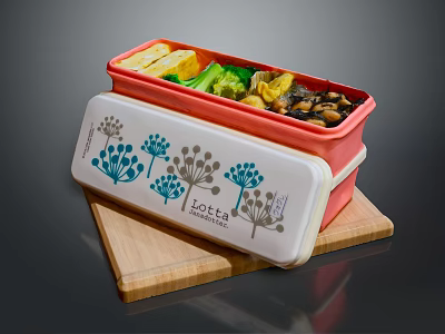 Double Layer Floral Design Lunch Container With Vegetables On Wooden Tray 3d model