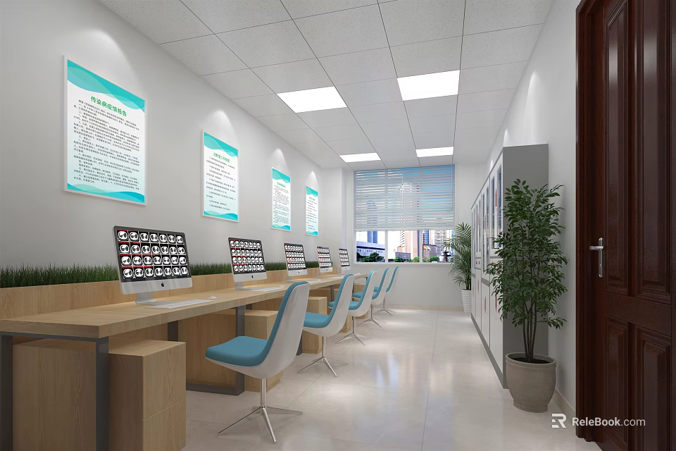 Public Office Space Featuring Long Desks Computers Blue Chairs Posters Windows And Green Plants 3d model 