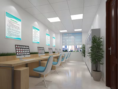 Public Office Space Featuring Long Desks Computers Blue Chairs Posters Windows And Green Plants 3d model