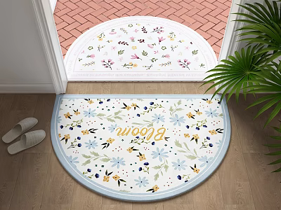 Half Moon Shaped Decorative Rug with Floral Patterns and Bloom Lettering in Entrance Area 3d model