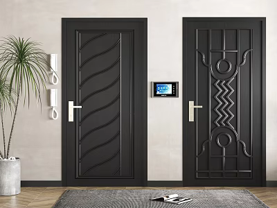 Black Hinged Doors With Decorative Patterns And Smart Doorbell In Modern Interior 3d model