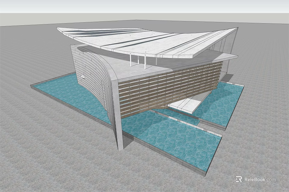 Modern Architectural Design With Unique Roof Structure And Water Features 3d model 
