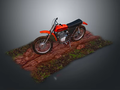 Orange Off Road Motorcycle Parked on Grassy Dirt Hillside with Natural Rough Terrain 3d model