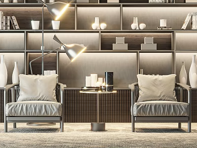 Modern Accent Chairs With Small Round Table Bookshelves And Floor Lamp In Warm Cozy Lighting 3d model