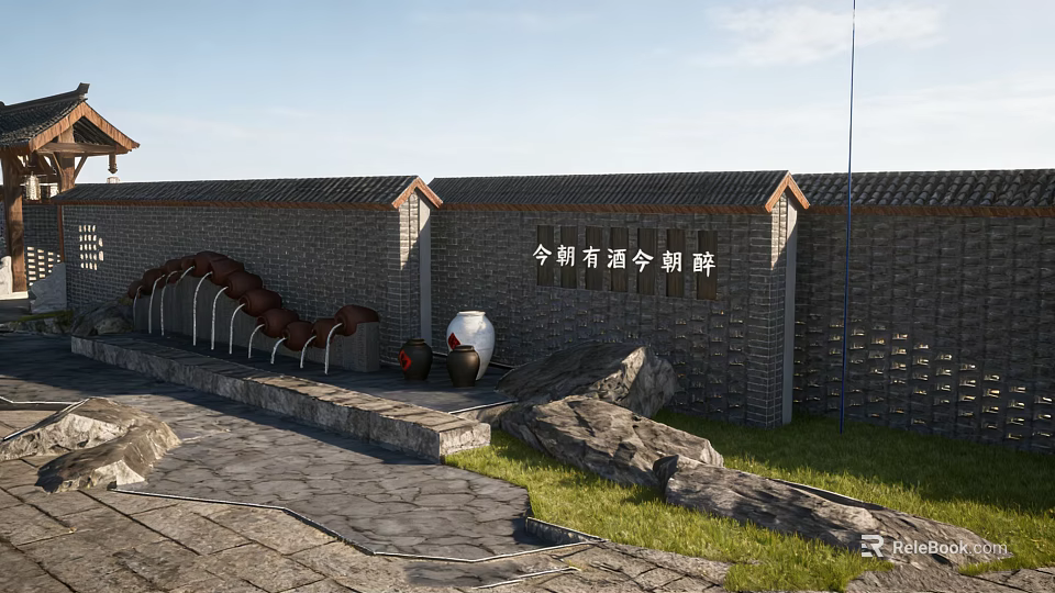 Traditional Brick Feature Wall With Chinese Calligraphy Decorative Jars And Stone Pavement 3d model 
