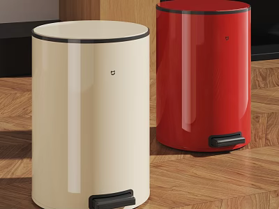 Two Pedal Trash Bins Cream And Red For Home Kitchen Wooden Floor 3d model