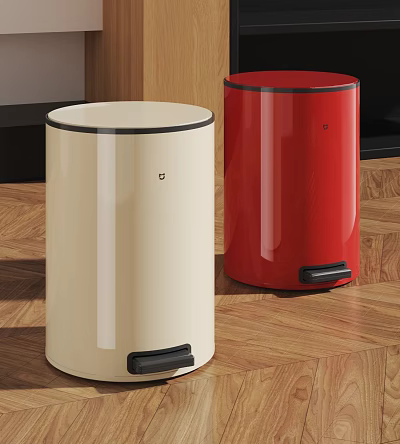 Two Pedal Trash Bins Cream And Red For Home Kitchen Wooden Floor 3d model
