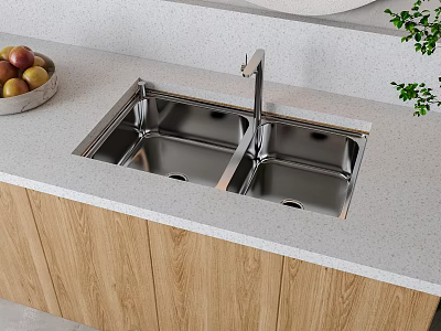 Double Bowl Stainless Steel Kitchen Sink with Modern Faucet on Light Countertop and Wooden Cabinets 3d model