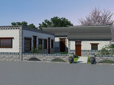 Traditional Chinese Courtyard House with Grey Tile Roof White Walls and Wooden Doors 3d model