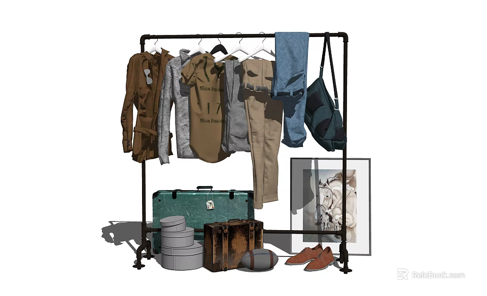 Stylish Clothes on Black Clothes Rack With Green Suitcase Brown Shoes and Artwork 3d model 