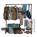 Stylish Clothes on Black Clothes Rack With Green Suitcase Brown Shoes and Artwork