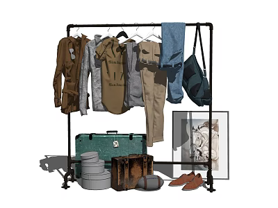 Stylish Clothes on Black Clothes Rack With Green Suitcase Brown Shoes and Artwork 3d model