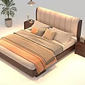 Double Bed with Upholstered Headboard and Wooden Frame Flanked by Nightstands with Table Lamps and Pillows