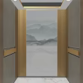 Elegant Chinese Style Elevator Interior With Golden Strips And Landscape Painting