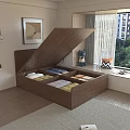 Wooden Single Bed With Open Lid Storage Compartments In Modern Bedroom Interior