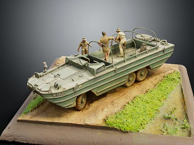 Detailed Amphibious Functional Vehicle Model With Figures On Dirt And Grass Base 3d model