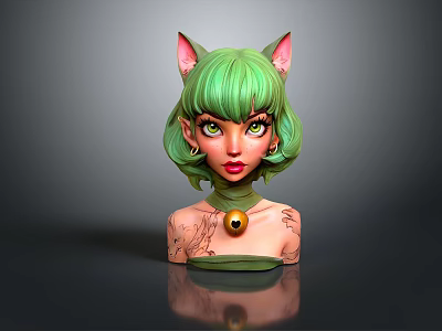 Female Character With Green Hair Cat Ears Green Eyes Tattoos And Gold Pendant 3d model