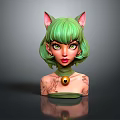 Female Character With Green Hair Cat Ears Green Eyes Tattoos And Gold Pendant