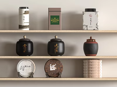 Traditional Chinese Tea Set Display On Wooden Shelves With Tea Canisters And Cakes 3d model