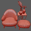 Beige Upholstered Leisure Chair With Ottoman Glass Side Table Vases Plant Blue Wall Wooden Floor