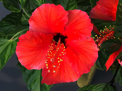 Vibrant Red Hibiscus Garden Decor With Lush Green Leaves And Petals 3d model