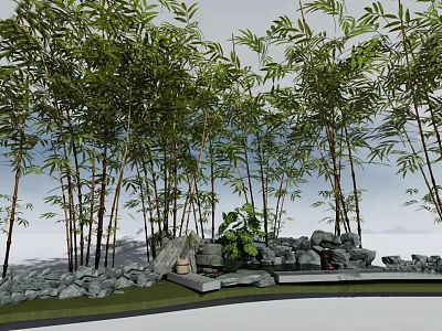 Garden Decorative Feature with Bamboo Trees Rocks and Lush Green Plants 3d model