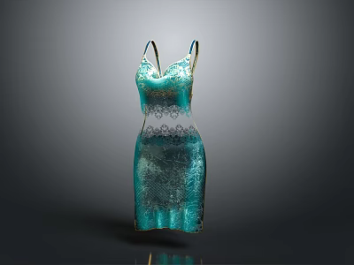 Elegant Teal Spaghetti Strap Dress With Intricate Pattern And Fitted Design 3d model