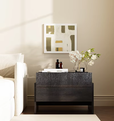 Modern Dark Wooden Nightstand With White Flowers In Vase Books And Decorative Bottles 3d model