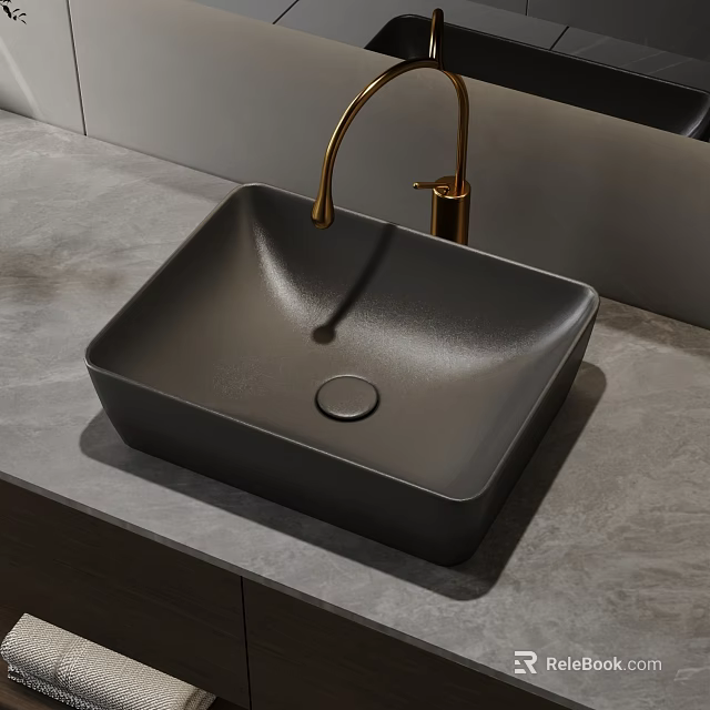 Modern Black Square Vessel Sink With Gold Faucet On Gray Marble Countertop 3d model 