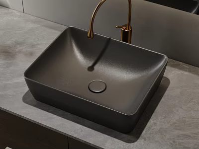 Modern Black Square Vessel Sink With Gold Faucet On Gray Marble Countertop 3d model