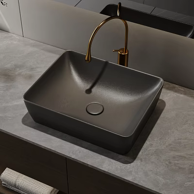 Modern Black Square Vessel Sink With Gold Faucet On Gray Marble Countertop 3d model Modern Black Square Vessel Sink With Gold Faucet On Gray Marble Countertop 3d model