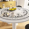 Modern Round Dining Table Set With Black Chairs Floral Pattern Top Gold Cabinet Green Plants