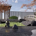 Traditional Japanese Garden Landscape With Rockery Stones Small Bridge Green Shrubs And Mossy Path
