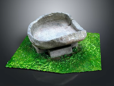 Rustic Weathered Stone Basin Placed On Lush Green Grass Ground 3d model