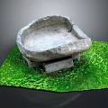 Rustic Weathered Stone Basin Placed On Lush Green Grass Ground