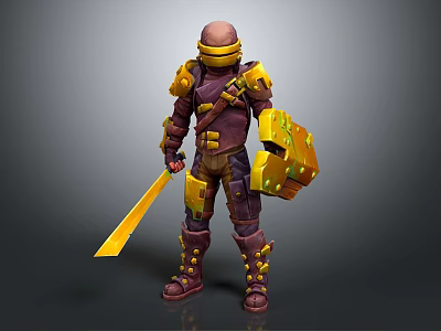 Detailed Armored Fantasy Warrior Character In Purple Yellow Armor With Sword And Shield 3d model