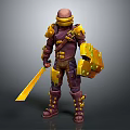 Detailed Armored Fantasy Warrior Character In Purple Yellow Armor With Sword And Shield