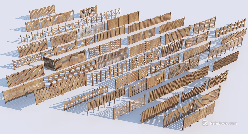 Various Wooden Fence Types Showcasing Different Styles And Structures For Outdoor Use 3d model 