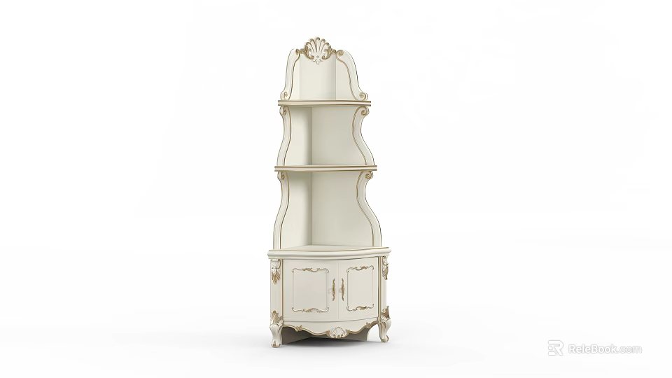Elegant White Classical Decorative Cabinet With Carved Details And Multiple Shelves 3d model 