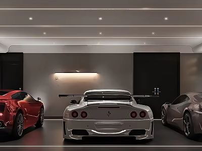 Modern Luxury Indoor Parking Garage With Three Sports Cars And Ambient Lighting 3d model