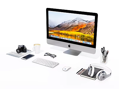 Modern Desktop Workspace With Apple Computer Camera Coffee Cup And Office Tools 3d model