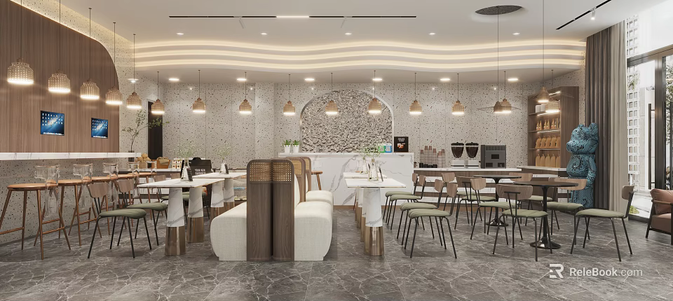 Modern Milk Tea Shop Interior With Hanging Lights Marble Floor And Seating Area 3d model 