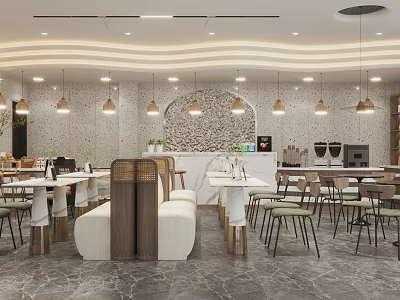 Modern Milk Tea Shop Interior With Hanging Lights Marble Floor And Seating Area 3d model