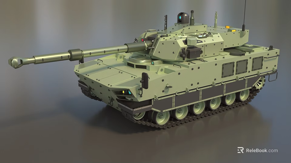 Modern Green Military Tank Featuring Long Gun Barrel Tracks Antenna and Sensors 3d model 