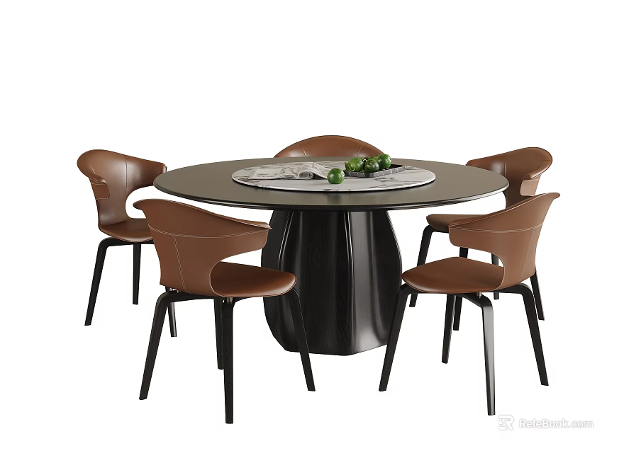 Modern Round Black Dining Table with Four Brown Chairs and Fruit Turntable 3d model