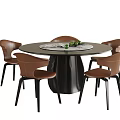 Modern Round Black Dining Table with Four Brown Chairs and Fruit Turntable 3d model