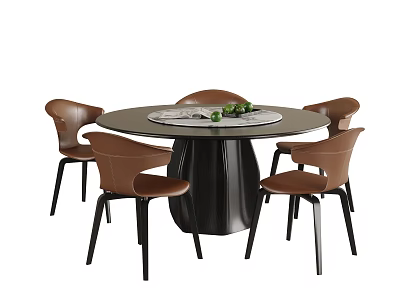 Modern Round Black Dining Table with Four Brown Chairs and Fruit Turntable 3d model