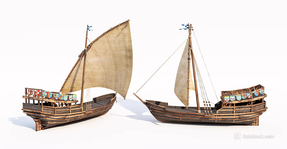 Two Vintage Wooden Sailboats With Traditional Canvas Sails And Classic Hull Details 3d model 