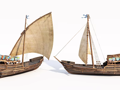 Two Vintage Wooden Sailboats With Traditional Canvas Sails And Classic Hull Details 3d model